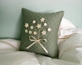 Quilted Gray Pillow with Flower Button Posy