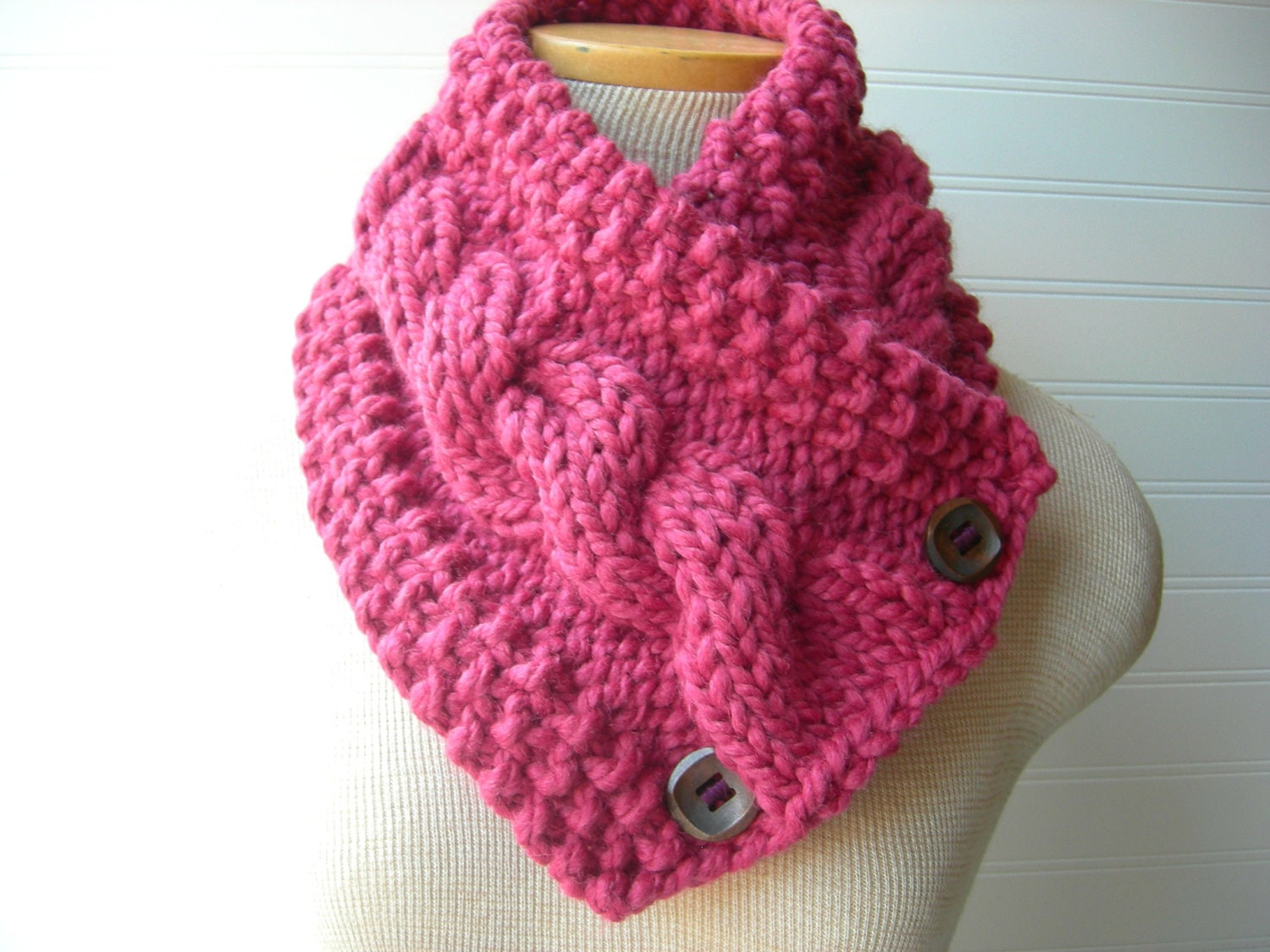 Raspberry Chunky Knitted Scarf, Cowl Neckwarmer, Pink Flambe