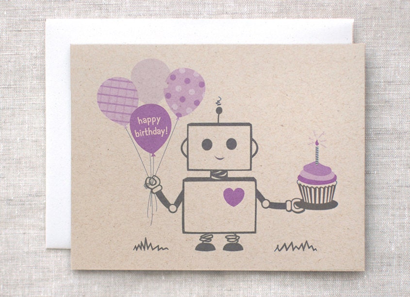 Robot Birthday Card - Purple, Brown - Happy Birthday Balloons, Cupcake