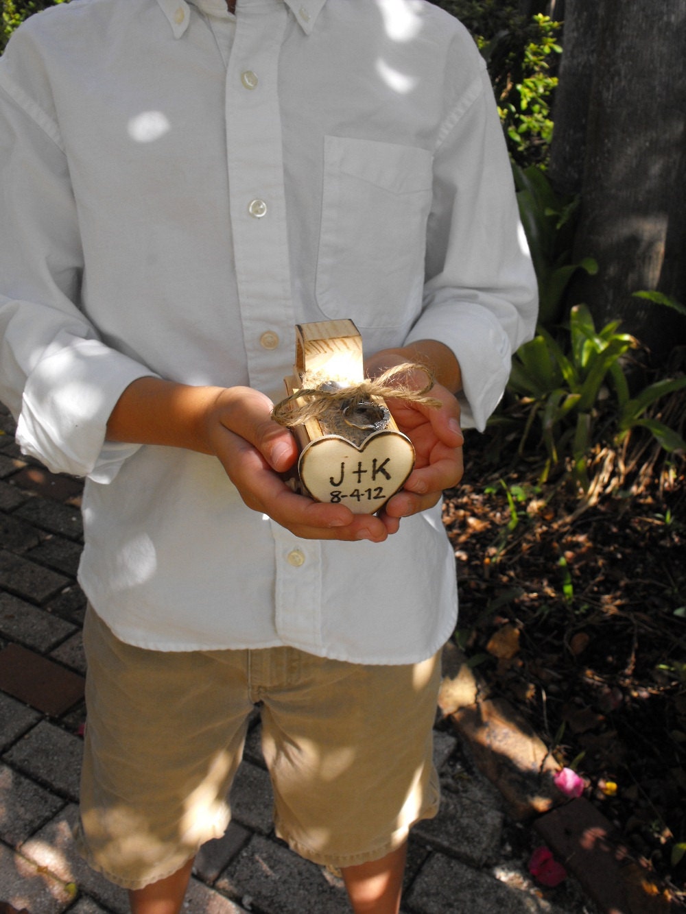 Personalized Country Chic Wedding Ring Bearer Wooden Truck with Burlap Ring Pillow Alternative
