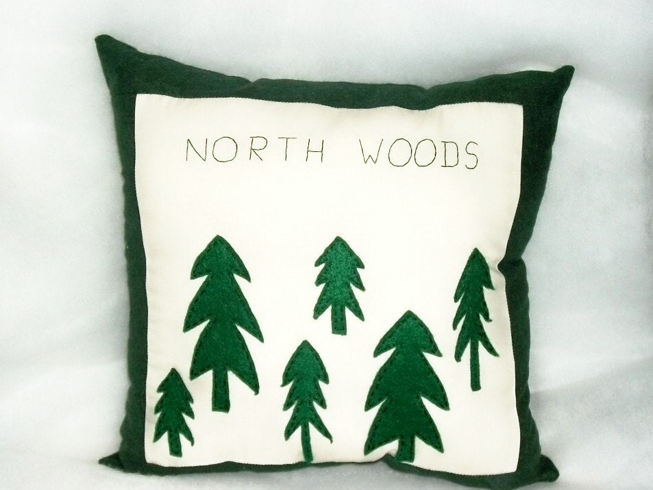 Pillow Flannel Northwoods Trees Lodge Cabin Original Design Rustic Green Hand Embroidered