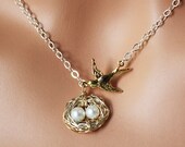 Two Tone Bird Nest Necklace - Sterling Silver & 14k Gold Fill Pearl Nest of 2 Egg (Mixed Metal) - Grandmother / Mother's Day Gift