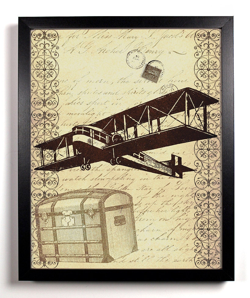 Travel Airplane Ephemera Antique Illustration  8 x 10 Giclee Art Print Upcycled Collage Recycled Book Art Buy 2 Get 1 FREE