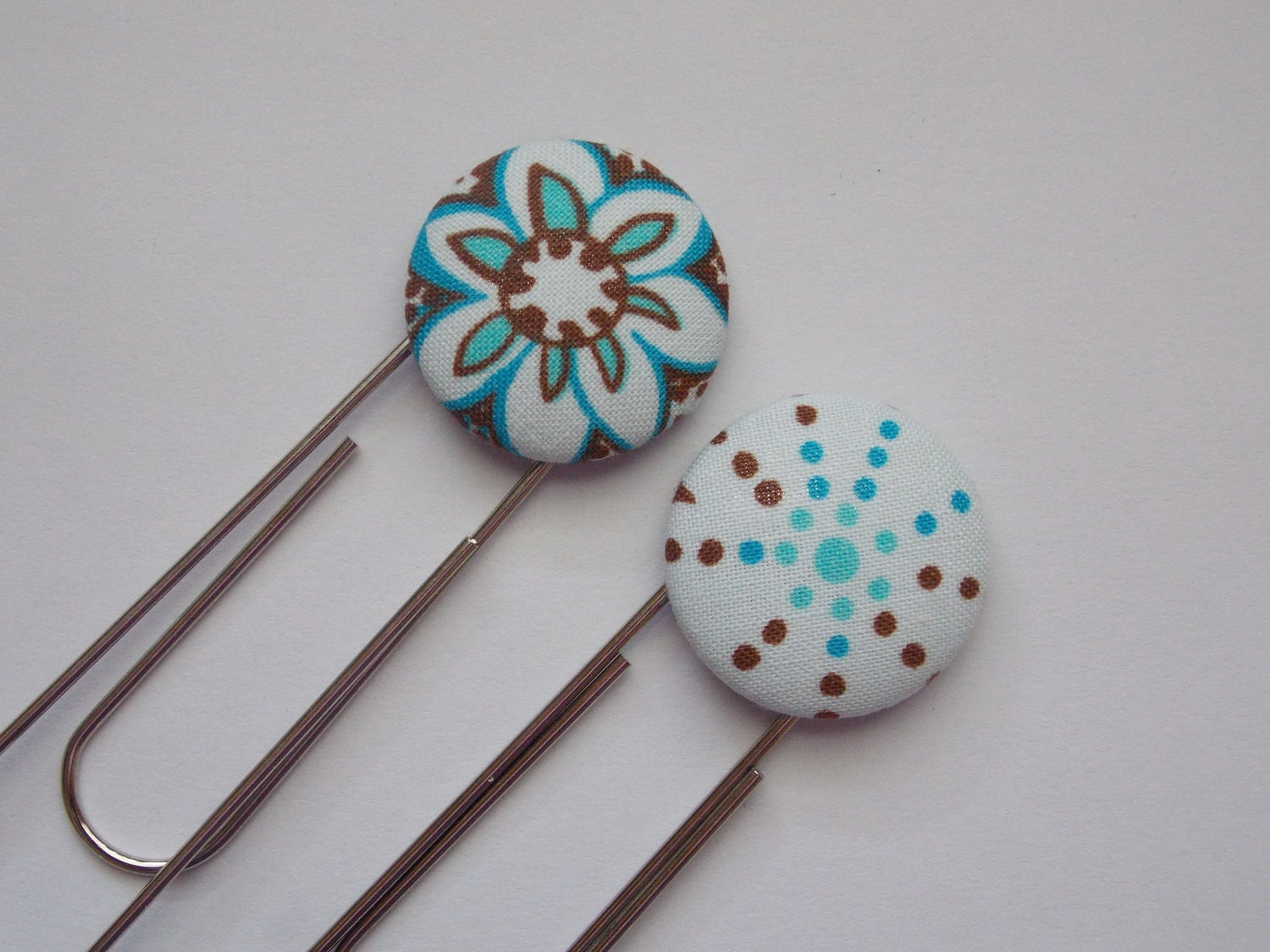 Bookmarks large paperclips fabric covered buttons blue brown set of 2