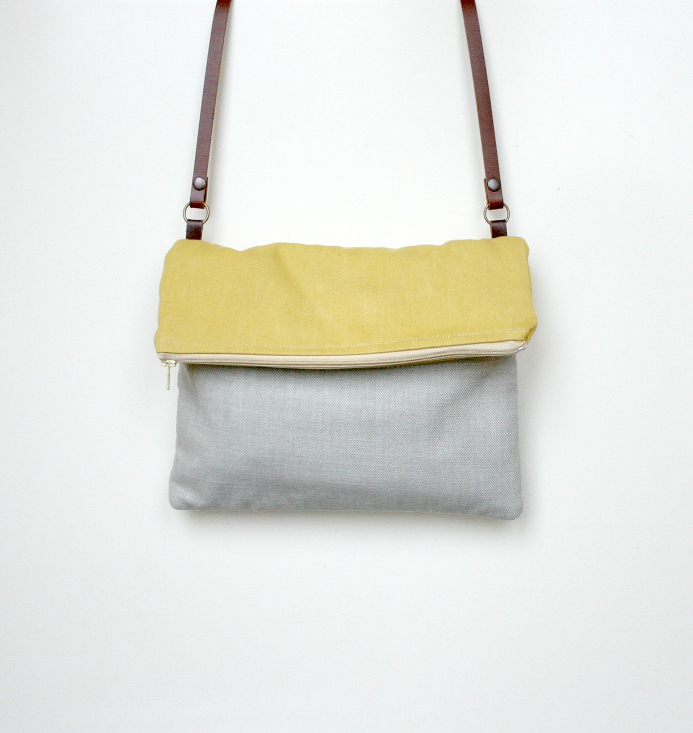 Foldover bag Colorblock Purse Yellow Grey washed canvas handbag sunshine leather strap