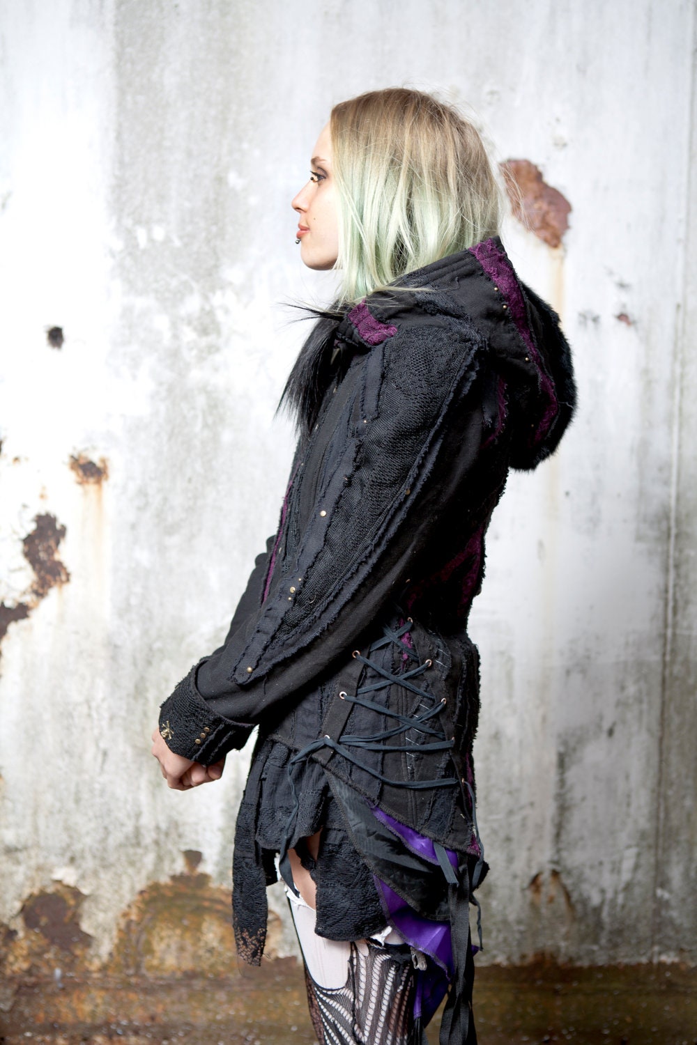 Deep Violet Purple Black Lace, Cotton Canvas, Large Skeleton Key, Patchwork Jacket with Skull and Cross Bone Pirate Cuffs, Corset, Hood