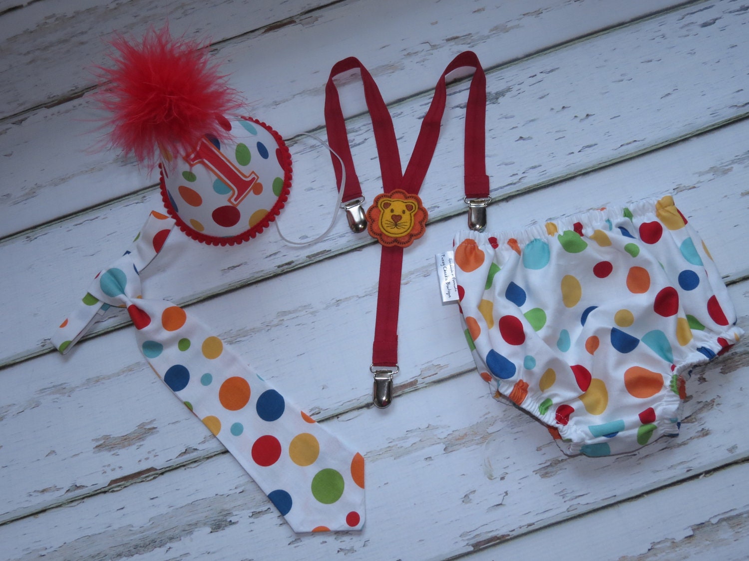 Baby boy / Toddler Cake Smash Birthday Outfit including a necktie suspenders diaper cover & party hat in Primary Polka Dot