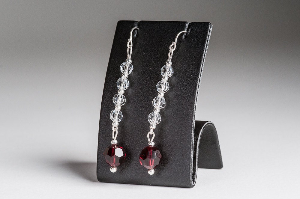 Long Swarovski crystal earrings / dangle crystal deep red and white elegant earrings