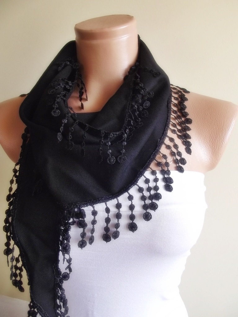 Pashmina scarf with lace christmas gift for her scarf stylish black