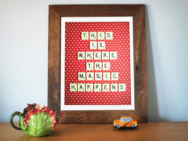 This is Where The Magic Happens. Fine Art Photography. Retro Scrabble Photo. Red White. Polka Dots. Spring Décor. Office. Size 16x20"