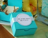 Tiffany Blue Wedding Favor - 50 favors with PERSONALIZED Tag and white satin ribbon