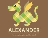 Fun Plaid Dragon - Art Print File - Personalized - Nursery - Office - Kids - Winged Mystical Creature