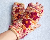 Rustic naughty pink,beige hand knit  fingerless gloves.