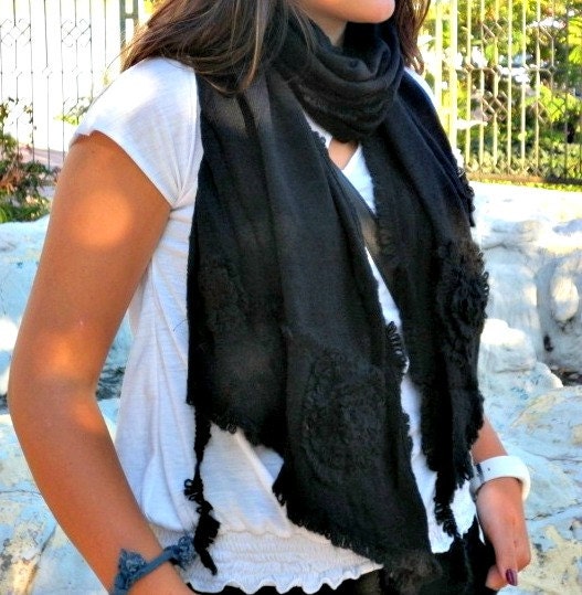 Fabric Knitted Lace Scarf  -  Shawl Scarf  Flower Scarf -  Cowl Scarf -  fatwoman