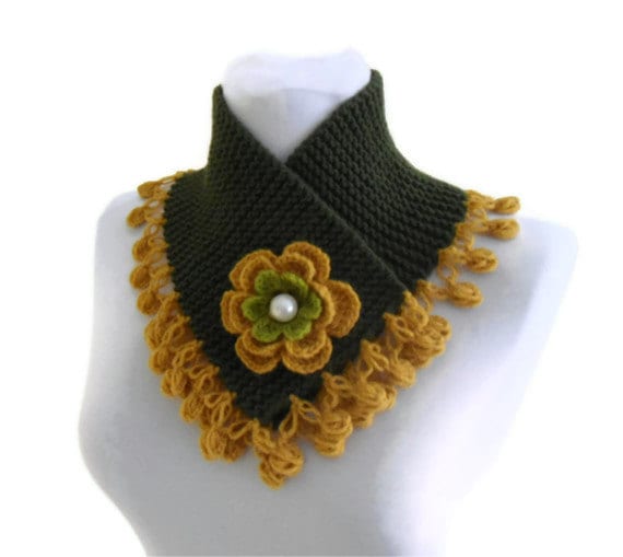 knit collar, fall fashion, Olivie green and mustard, neckwarmers, autumn, wool, hand-knitted,fashion,gift, new,valentines day