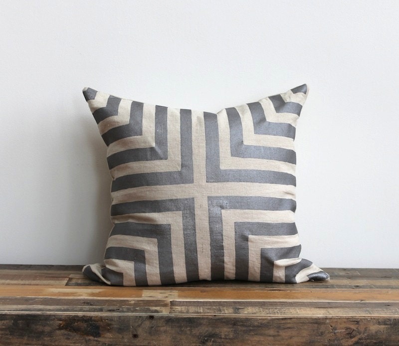 Doha metallic silver & natural handprinted organic hemp pillow cover 20x20