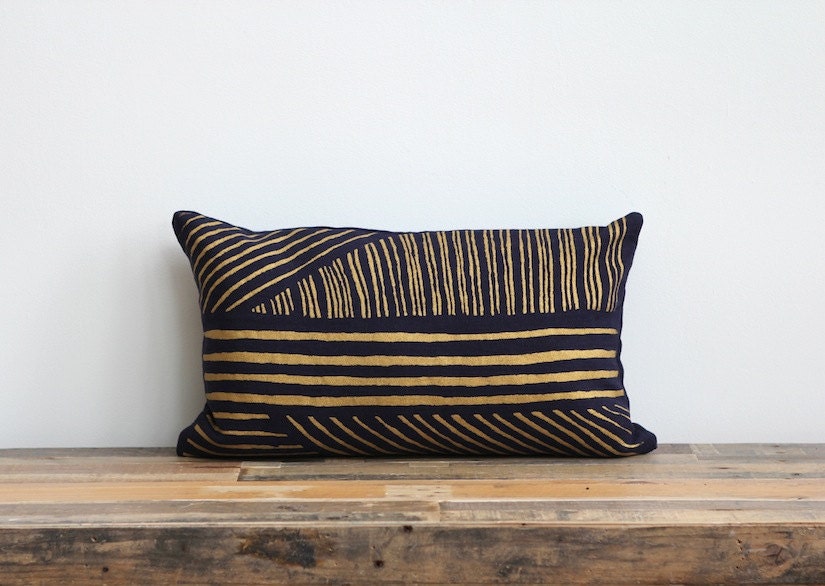 Karnataka pillow cover hand printed in Metallic gold on navy blue organic hemp 12x21 lumbar