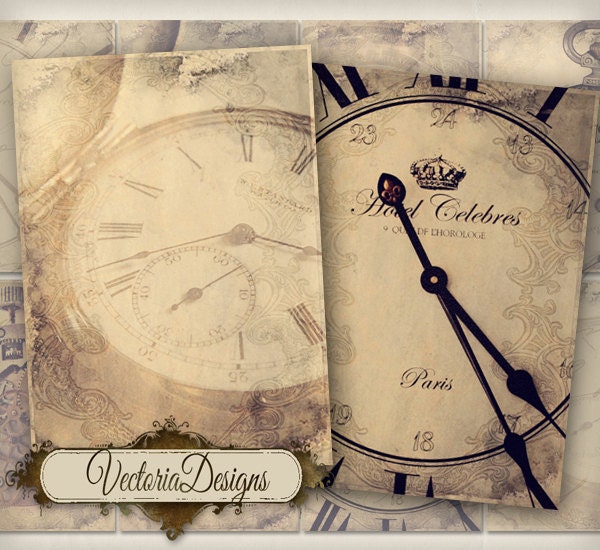 Steampunk Clocks ATC vintage images digital background instant download printable collage sheet 116
