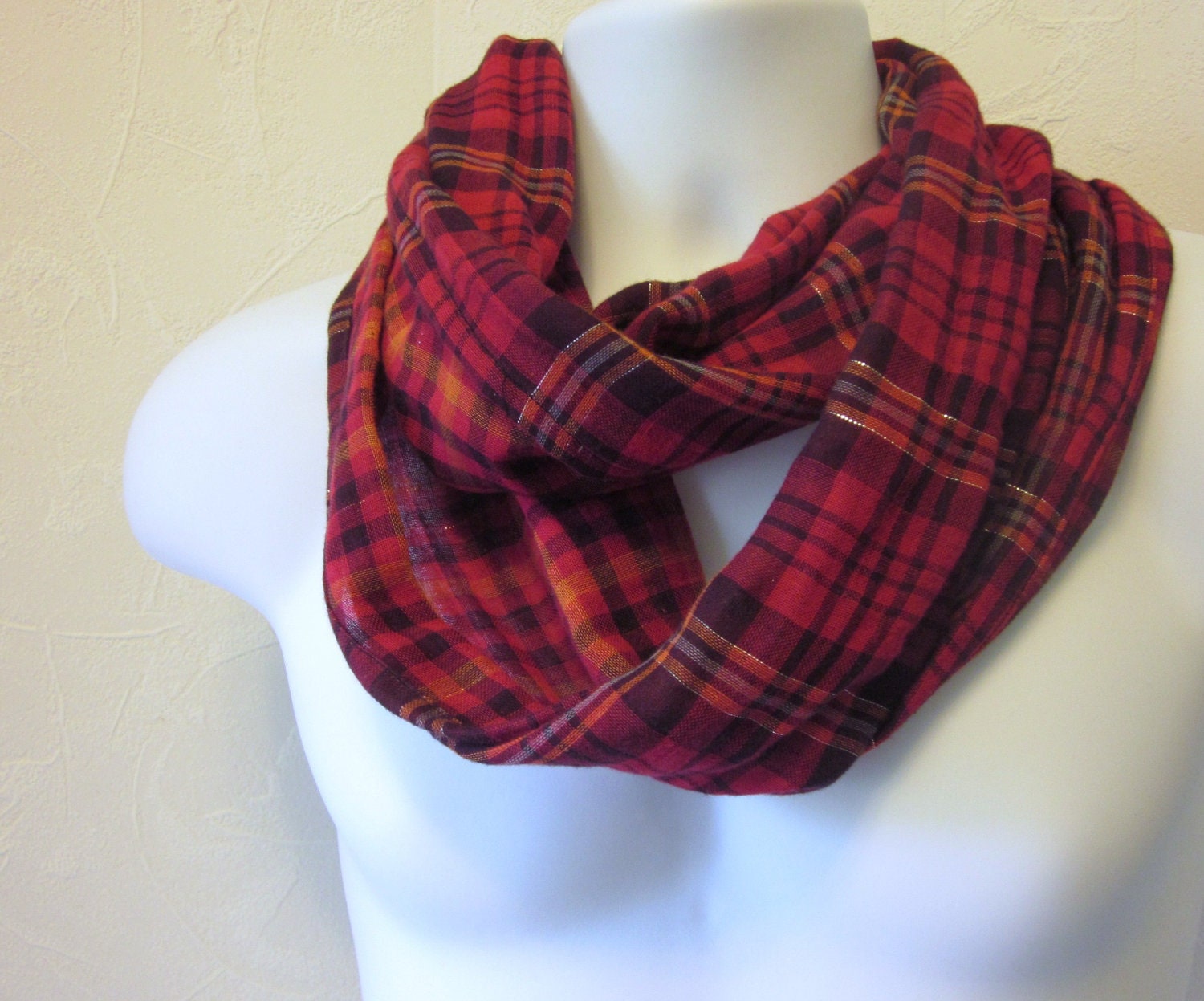 Red Plaid Infinity Scarf Double Sided Cotton Voile Red, Orange and Black Handmade Loop Scarf