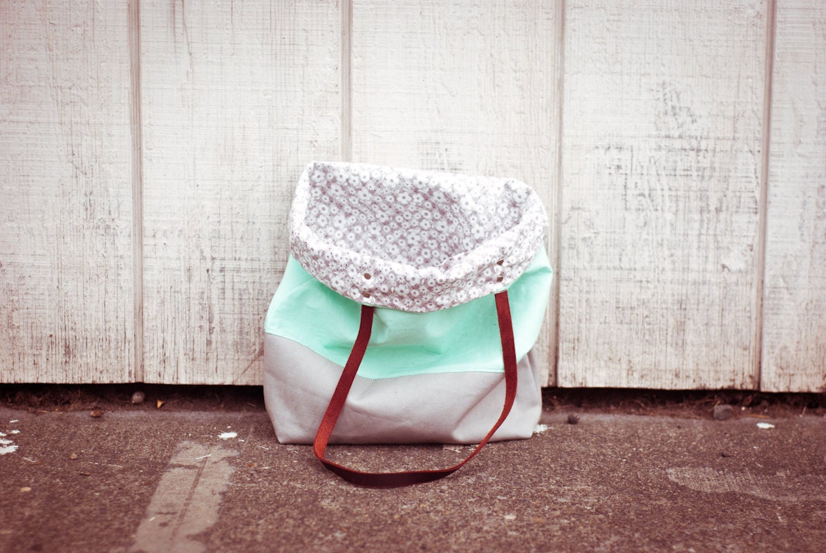 Mint green colorblocked with gray bottom leather handles tote bag