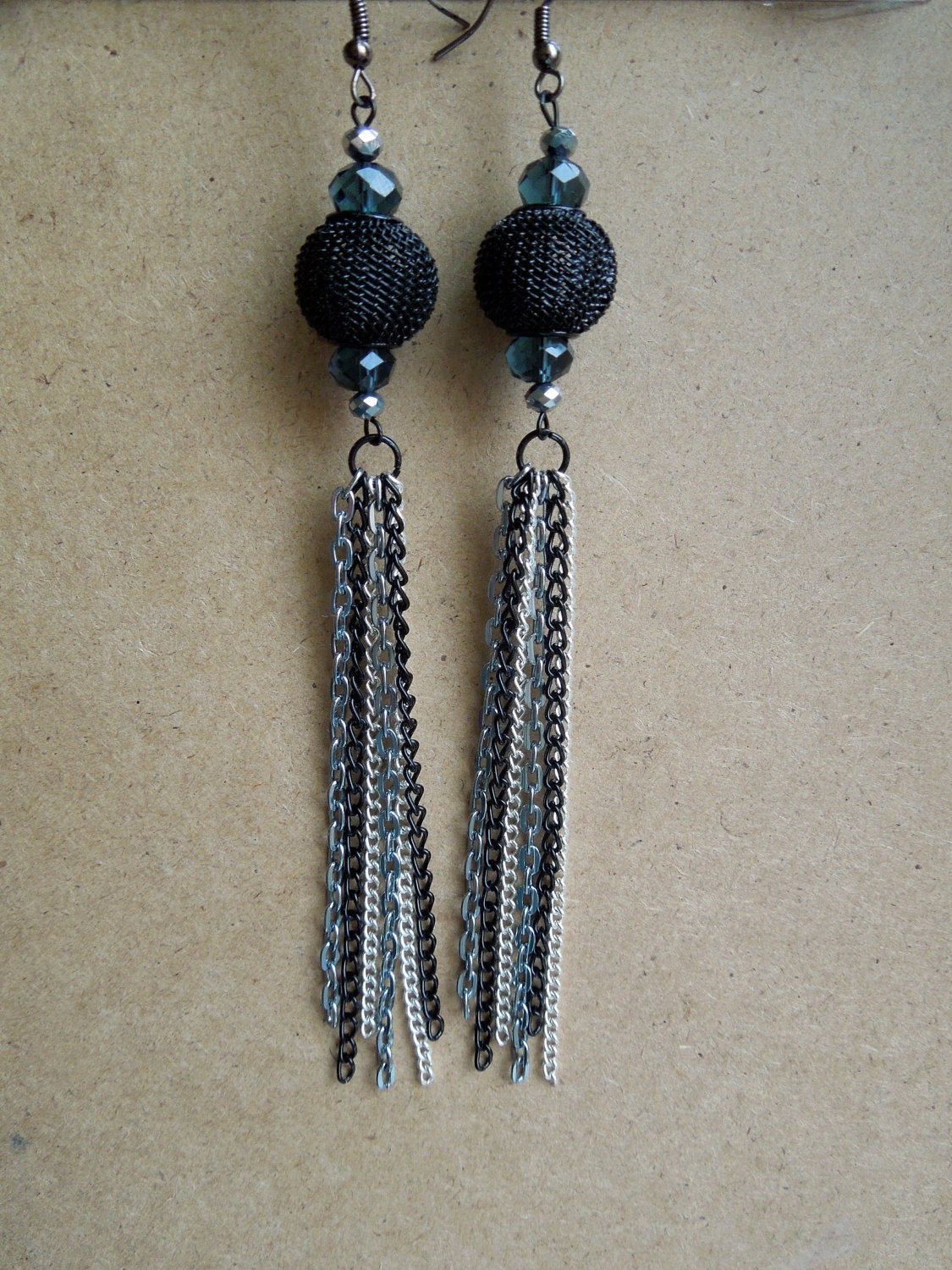 Black, silver, and blue chain fringe earrings
