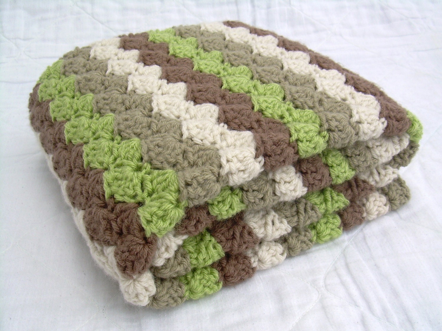 Crochet Baby Blanket, Baby Blanket, Earth Tones, Off White, Khaki, Green, and Brown, travel size