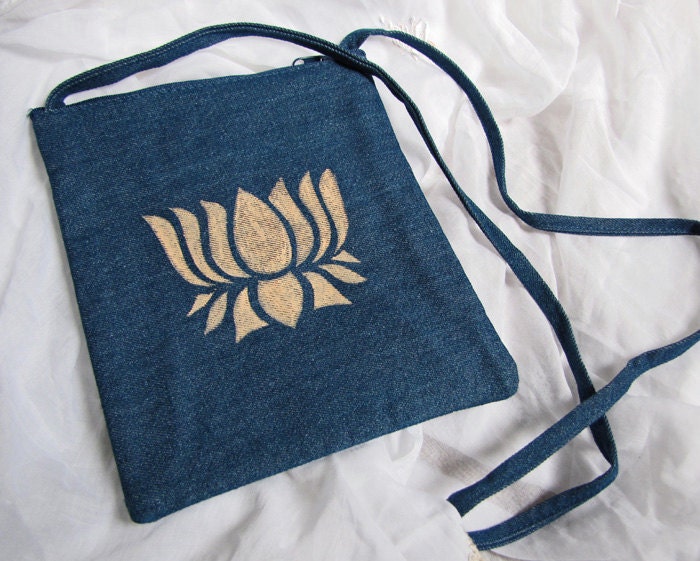 Blue denim cotton handpainted block printed lotus flower hip bag purse long strap