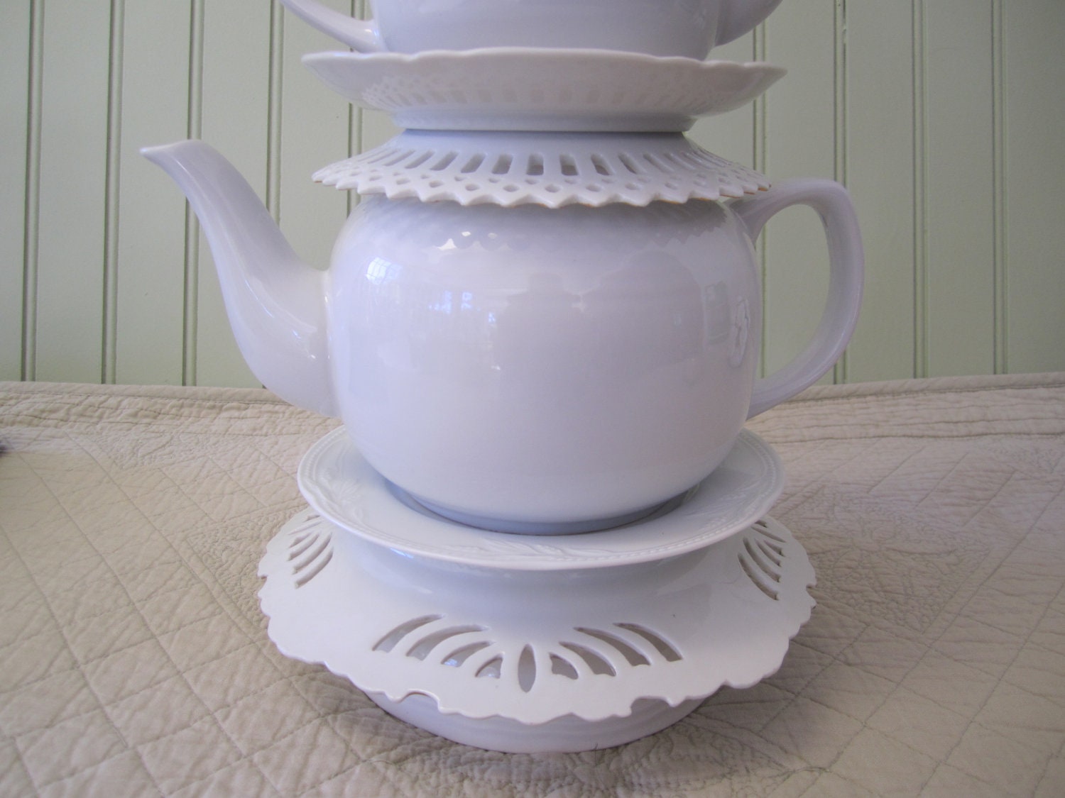 Teapot Lamp, White Stacked Teapots Tea Cup and Saucers, "Alison" Series, Alice in Wonderland Shabby Chic Country Beach Cottage