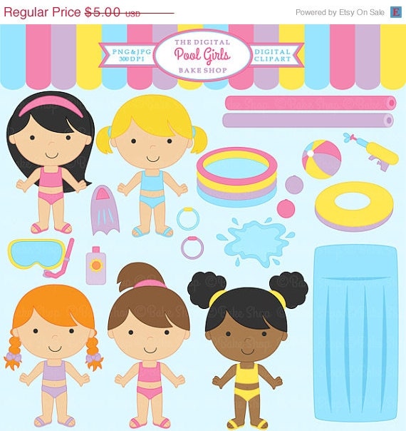 30% OFF digital clipart pool clip art beach party summer girls - Pool Girls Clipart
