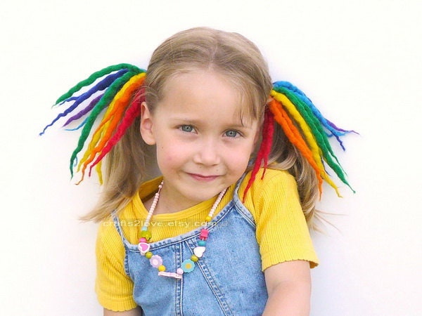 EXTRA SOFT Rainbow Dreads Ponytail Holder Falls - Pure Wool - piggy tail - ONE - children photo prop
