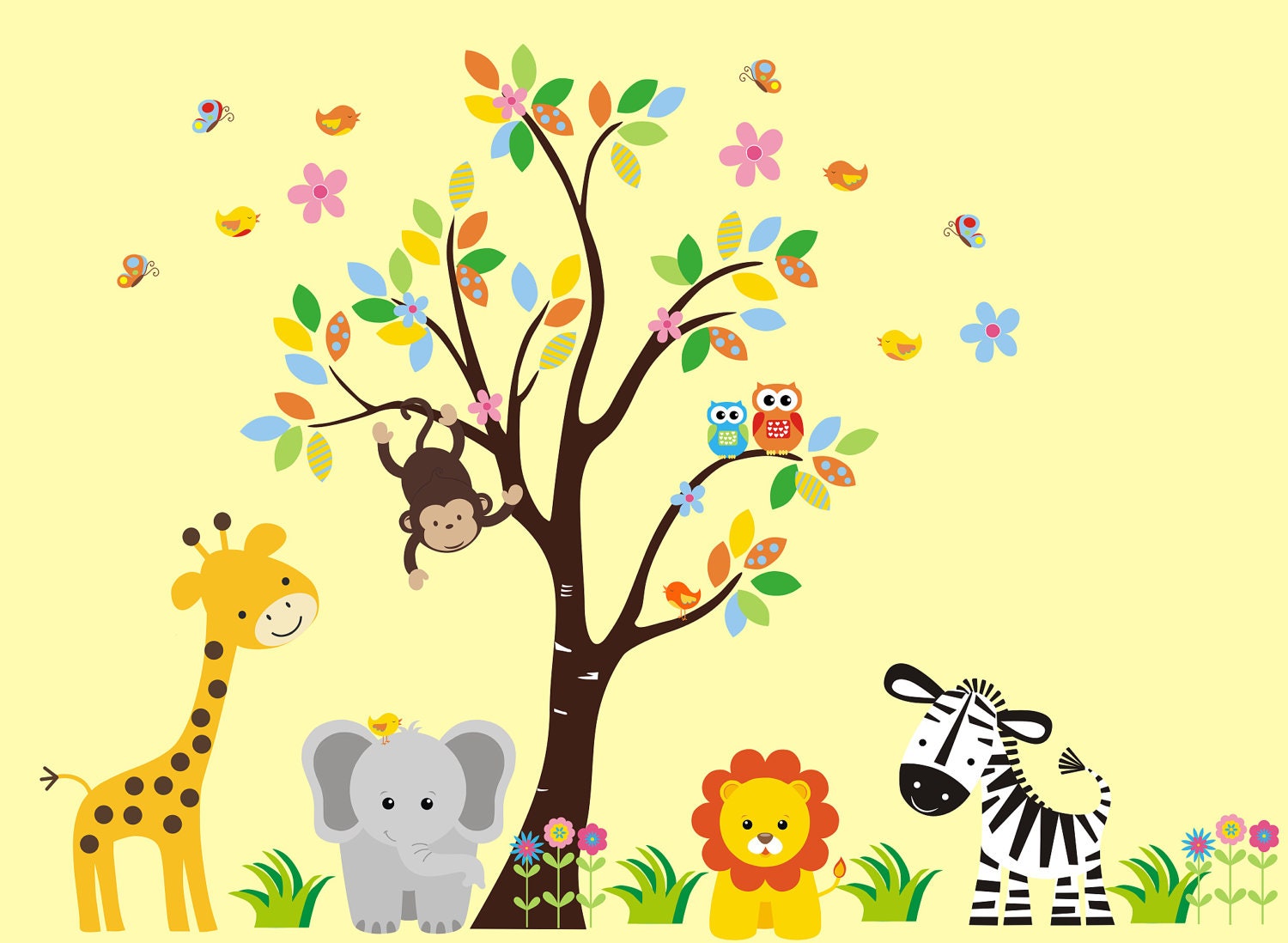 Tree Wall Decal with jungle animals  -   Nursery Wall Decal - Children Wall Decal - 153