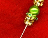 HATPIN Stick Pin Victorian Edwardian Style Crystal Swarovski Green Crowned Pearl