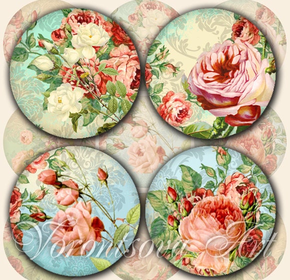 Printable image VINTAGE ROSES 2.5 inch circles digital collage sheet for pocket mirrors, magnets, cupcake toppers, scrapbooking v86006