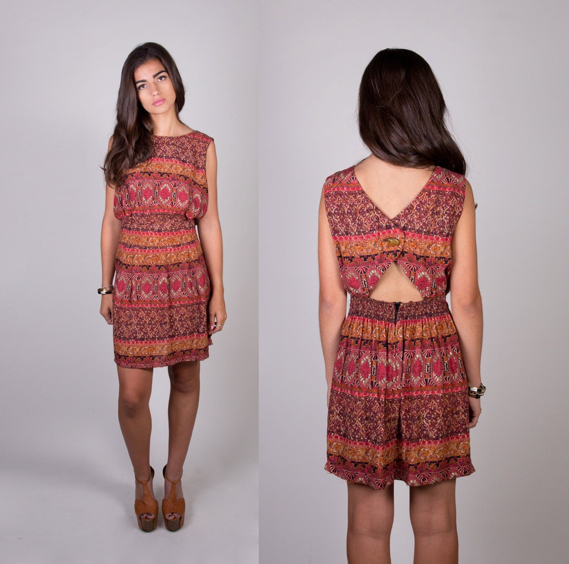 Vintage Tribal Print Cut Out Back Dress Size Medium