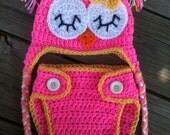 Newborn Baby Girl Sleepy Crochet OWL Bubblegum PINK n YELLOW Diaper Cover -n- Beanie Hat Set -- Cute Photo Prop