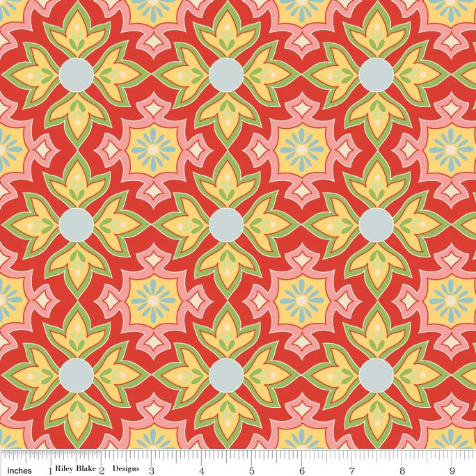 Red Medallion LAMINATED fabric yardage by the Quilted Fish from the Delighted collection (aka oilcloth, vinyl, coated)