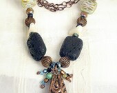 Turquoise acrylic, black lava stone, sage czech glass, brown luster glass, picasso teal glass, copper: Boho Goto