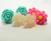 Resin Flower Stud post Earrings - Peach Blush, green and rose pink-3 pair set