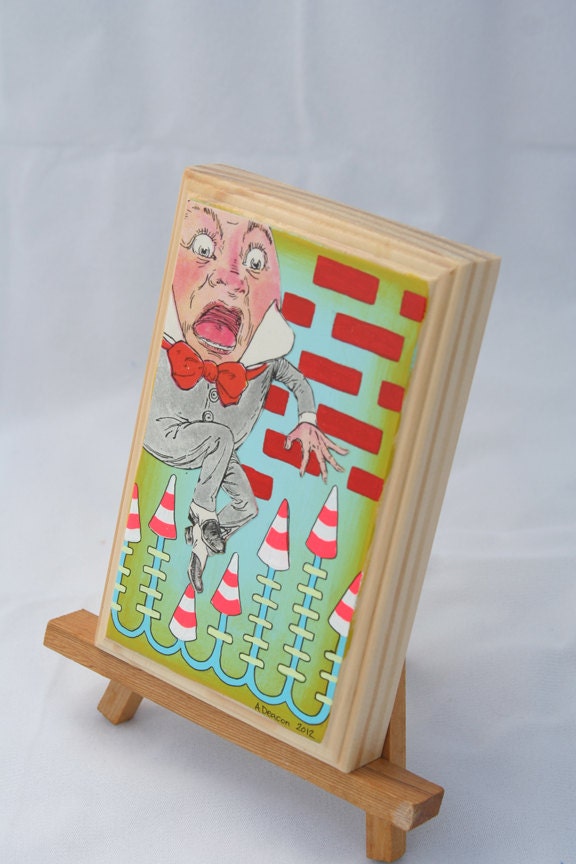 It Gets Worse Humpty, Mixed Media Original, acrylic gouache, latex, collage and ink on wood block