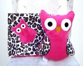 Leopard Hot Pink Stuffed Owl and Blankie -- Plush Animal