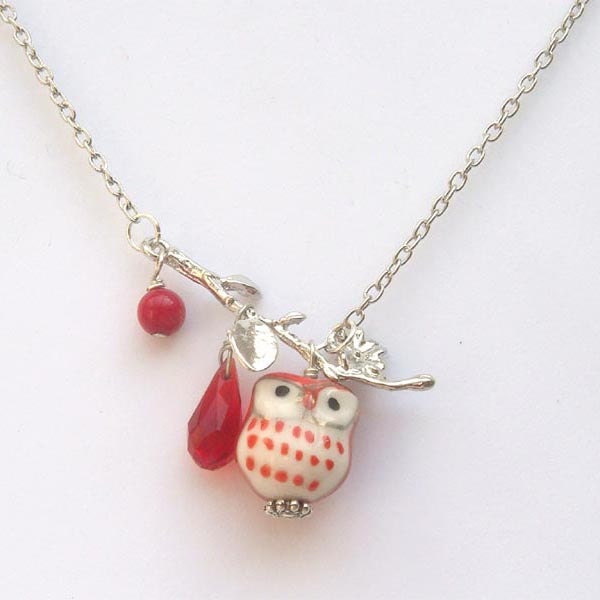 Silver Leaf  Coral Quartz  Porcelain Owl Necklace