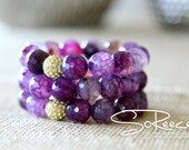 LAST ONE - Purple agate Genuine Gemstone beaded bracelet with gold Pave crystal bead