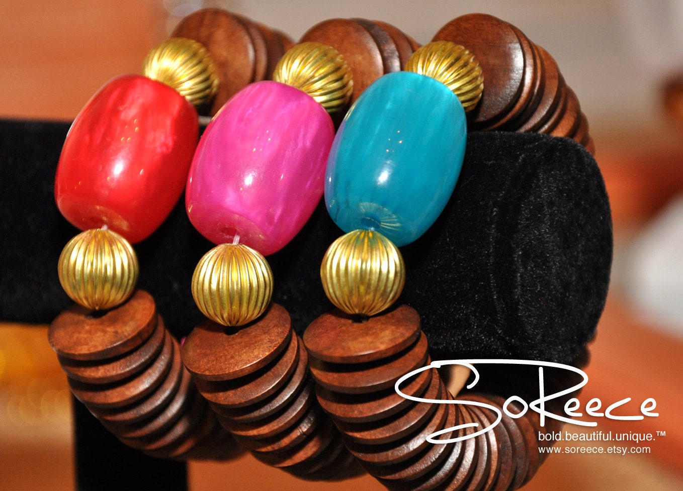 Mahogany brown colored wood and brass stretch bracelet in blue, fuschia, red or yellow resin