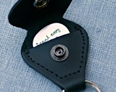 Custom Guitar Pick with Leather Keychain Holder Sterling Silver Personalized Guitar Pick Mens Gift