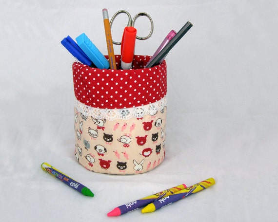 Pencil Holder / organizer - Recycled Tin Can - Pink and Red Polka Dots - 100% Cotton fabric - Back to School