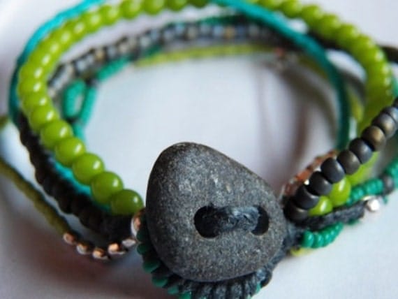 Beaded Bracelet with Beaded Loop Clasp and River Rock Button