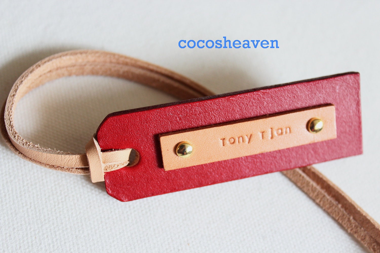 Custom Leather Luggage Tag - (1 Tag)  - Tan & Red Double Sided - Perfect Gift for Birthday, Wedding or Anniversary
