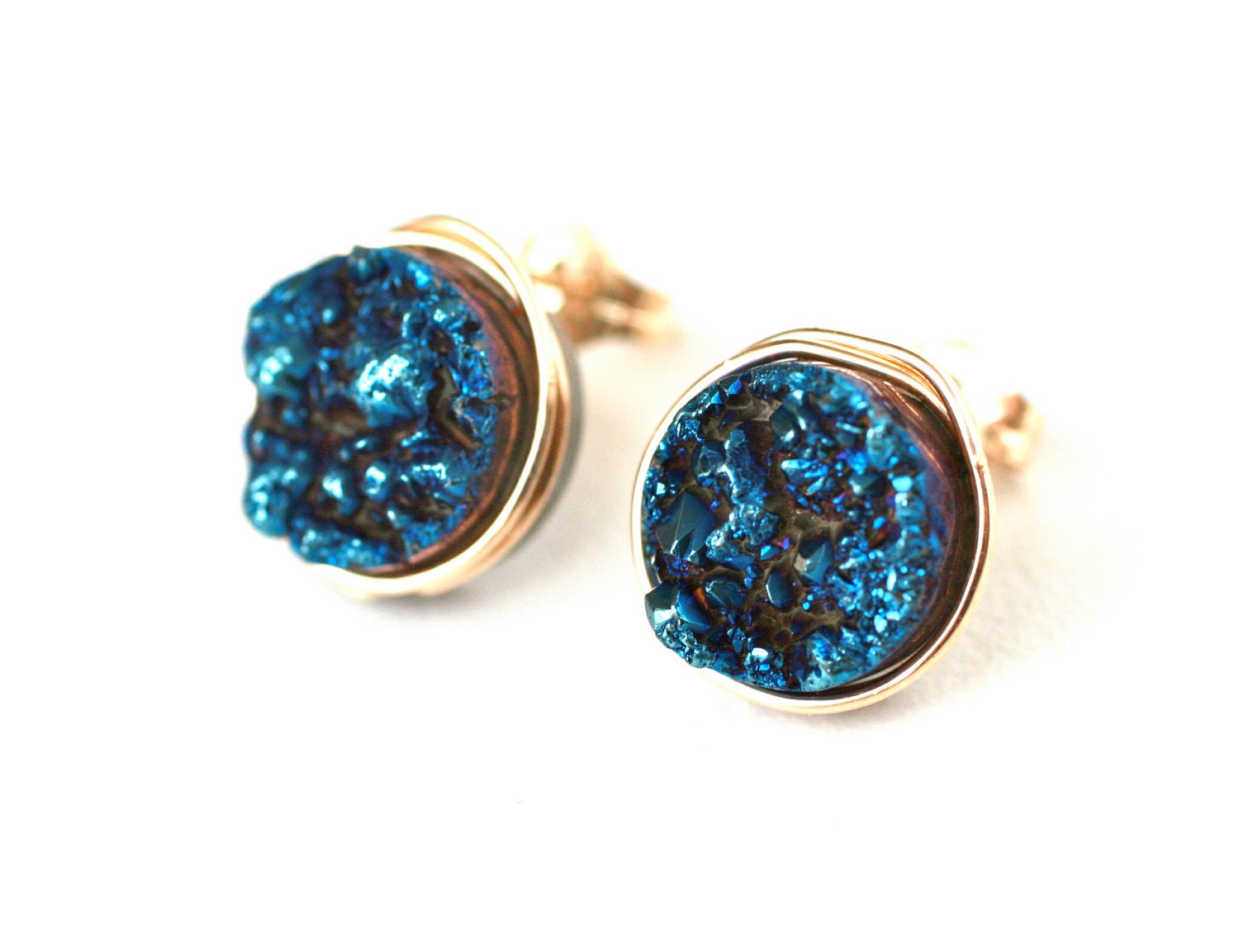 Blue Titanium Druzy Quartz Stud Earrings Wire Wrapped Post 14k Gold Filled - Gift for Her, Under 25 dollars