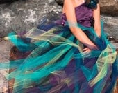 Regal Miss Peacock.2 Piece Flower Girl Outfit with Satin off the shoulder top and floor length peacock skirt.