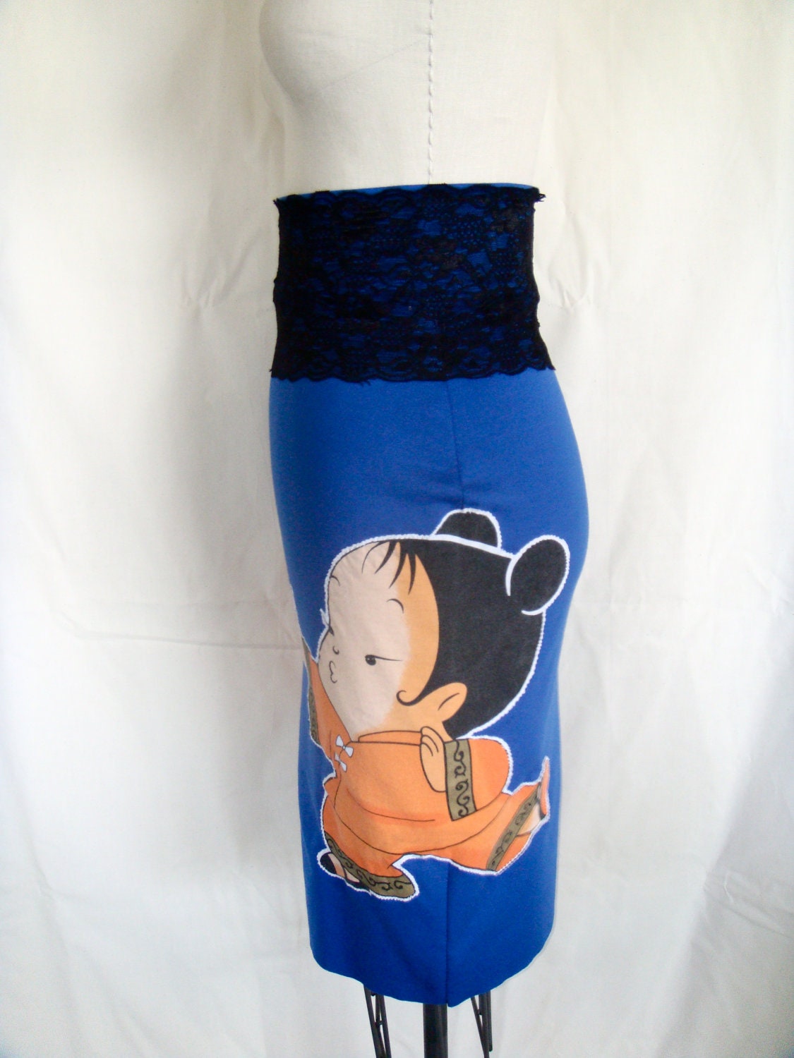 Royal Blue Kung-Fu Knit Pencil Skirt w/ Lace Detal.